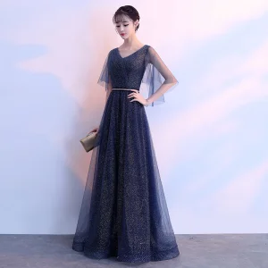 Chic Belle Bleu Marine Ciel Étoilé Robe De Soirée 2017 Princesse V Cou 1 2 Manches Faux Diamant Ceinture Longue Volants Dos Nu Robe De Ceremonie