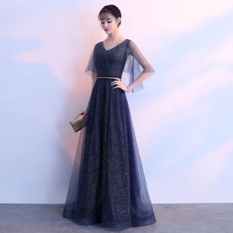 Chic Belle Bleu Marine Ciel Étoilé Robe De Soirée 2017 Princesse V Cou 1 2 Manches Faux Diamant Ceinture Longue Volants Dos Nu Robe De Ceremonie