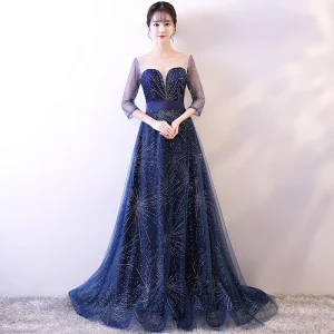 Chic Belle Bleu Marine Ciel Étoilé Robe De Soirée 2018 Princesse Encolure Dégagée 3 4 Manches Faux Diamant Ceinture Train De Balayage Dos Nu Percé Robe De Ceremonie