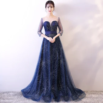 Chic Belle Bleu Marine Ciel Étoilé Robe De Soirée 2018 Princesse Encolure Dégagée 3 4 Manches Faux Diamant Ceinture Train De Balayage Dos Nu Percé Robe De Ceremonie