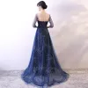 Chic / Beautiful Navy Blue Starry Sky Evening Dresses  2018 A-Line / Princess Scoop Neck 3/4 Sleeve Rhinestone Sash Sweep Train Backless Pierced Formal Dresses