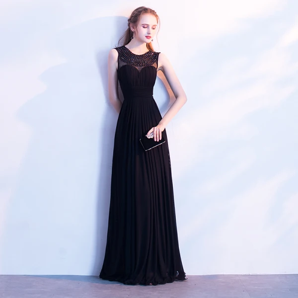Chic / Belle Noire Robe De Soirée 2017 Princesse Encolure Dégagée Perlage Perle Sans Manches Longue Dos Nu Robe De Ceremonie