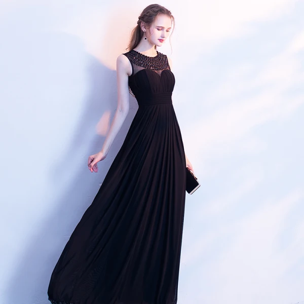 Chic / Belle Noire Robe De Soirée 2017 Princesse Encolure Dégagée Perlage Perle Sans Manches Longue Dos Nu Robe De Ceremonie