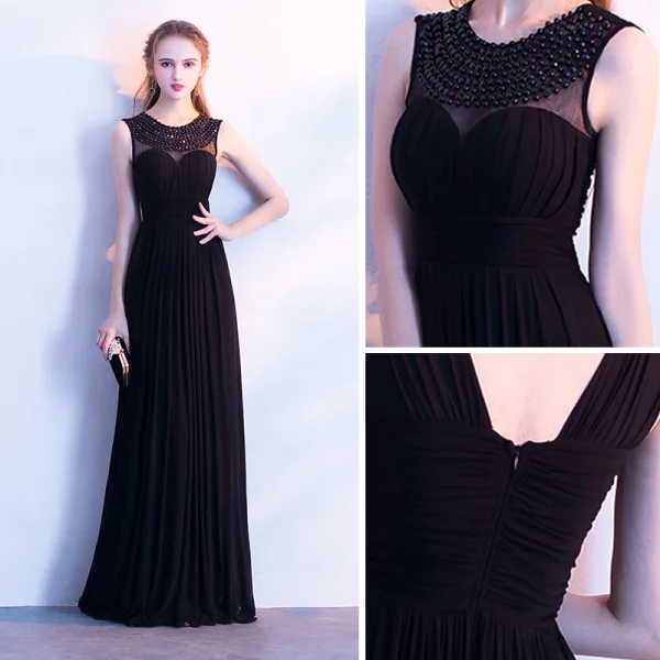 Chic / Belle Noire Robe De Soirée 2017 Princesse Encolure Dégagée Perlage Perle Sans Manches Longue Dos Nu Robe De Ceremonie