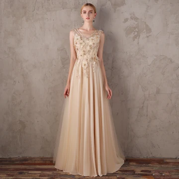 Elegant Gold Evening Dresses 2018 A Line Princess V Neck Sleeveless Appliques Flower Rhinestone Sweep Train Ruffle Backless Formal Dresses