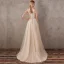 Élégant Doré Robe De Soirée 2018 Princesse V-Cou Sans Manches Appliques Fleur Faux Diamant Train De Balayage Volants Dos Nu Robe De Ceremonie