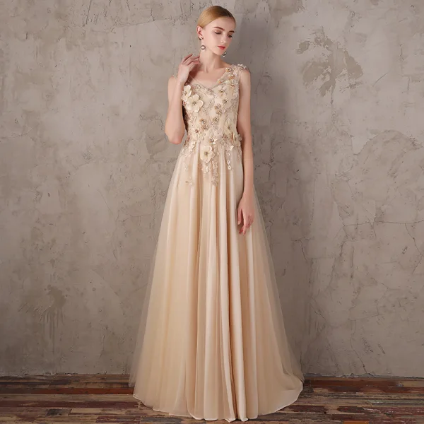 Élégant Doré Robe De Soirée 2018 Princesse V-Cou Sans Manches Appliques Fleur Faux Diamant Train De Balayage Volants Dos Nu Robe De Ceremonie