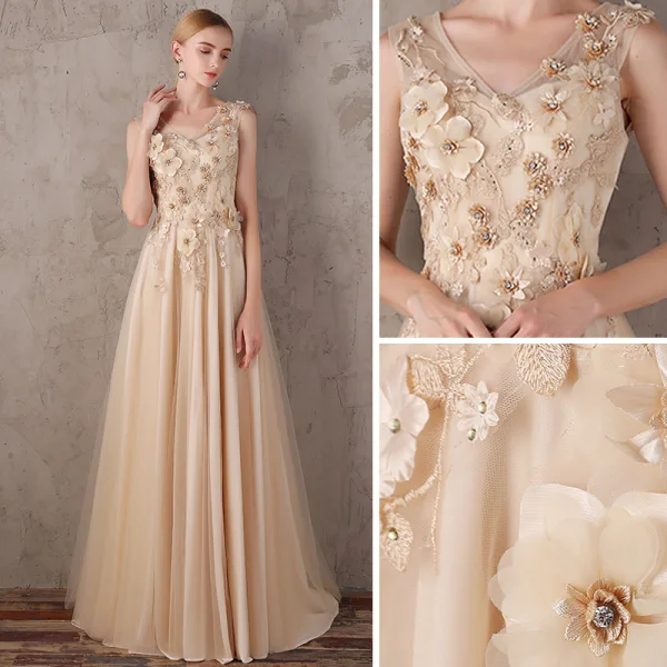 Élégant Doré Robe De Soirée 2018 Princesse V-Cou Sans Manches Appliques Fleur Faux Diamant Train De Balayage Volants Dos Nu Robe De Ceremonie