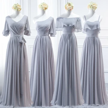 Modest Simple Grey Chiffon Bridesmaid Dresses 2018 A Line Princess Sash Floor Length Long Ruffle Backless Wedding Party Dresses