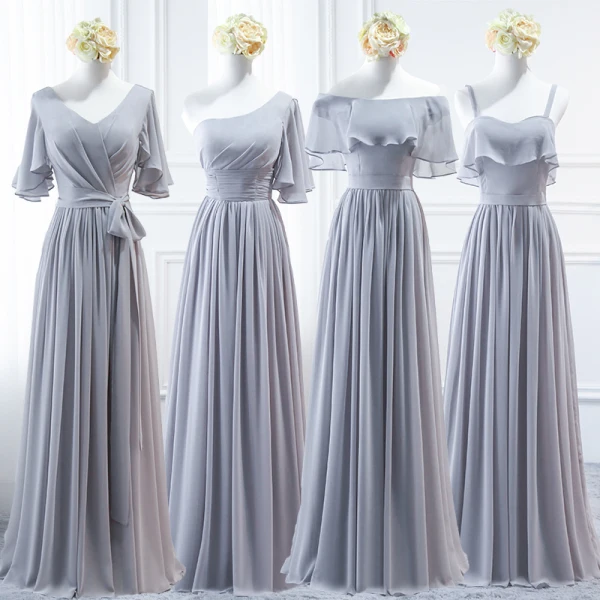 Enkel Grå Chiffon Brudepikekjoler 2018 Prinsesse Sash Lange Buste Ryggløse Kjoler Til Bryllup