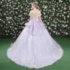 Classic Prom Dresses 2017 Lace Appliques Flower Backless Off-The-Shoulder Short Sleeve Chapel Train Lilac Prom Ball Gown