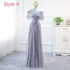 Modest / Simple Grey Chiffon Bridesmaid Dresses 2018 A-Line / Princess Sash Floor-Length / Long Ruffle Backless Wedding Party Dresses