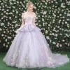 Classic Prom Dresses 2017 Lace Appliques Flower Backless Off-The-Shoulder Short Sleeve Chapel Train Lilac Prom Ball Gown