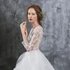 Illusion Ivory Summer See-through Wedding Dresses 2018 A-Line / Princess Scoop Neck Long Sleeve Appliques Lace Ruffle Cathedral Train