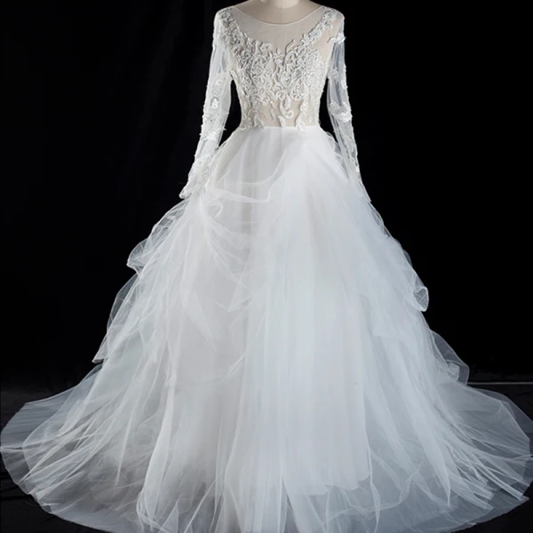 Illusion Ivory Summer See-through Wedding Dresses 2018 A-Line / Princess Scoop Neck Long Sleeve Appliques Lace Ruffle Cathedral Train