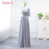 Modest / Simple Grey Chiffon Bridesmaid Dresses 2018 A-Line / Princess Sash Floor-Length / Long Ruffle Backless Wedding Party Dresses