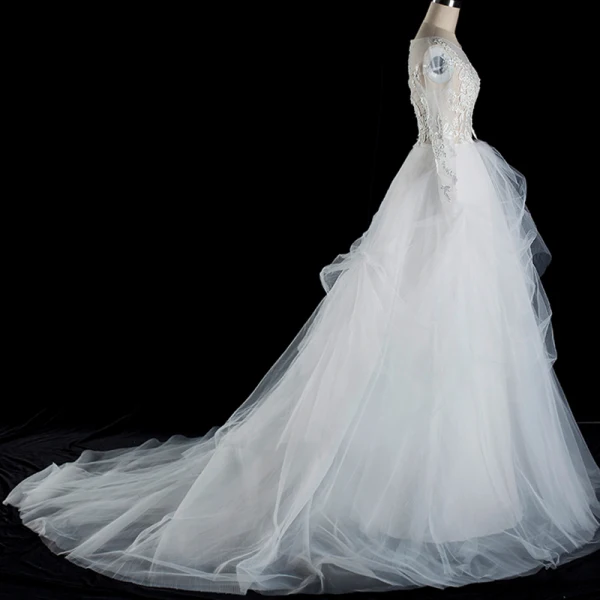 Illusion Ivory Summer See-through Wedding Dresses 2018 A-Line / Princess Scoop Neck Long Sleeve Appliques Lace Ruffle Cathedral Train