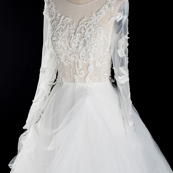 Illusion Ivory Summer See-through Wedding Dresses 2018 A-Line / Princess Scoop Neck Long Sleeve Appliques Lace Ruffle Cathedral Train