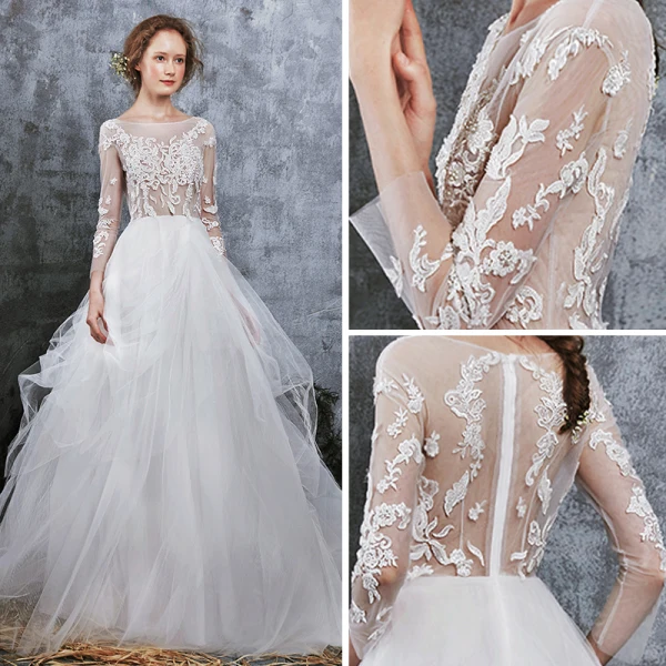 Illusion Ivory Summer See-through Wedding Dresses 2018 A-Line / Princess Scoop Neck Long Sleeve Appliques Lace Ruffle Cathedral Train