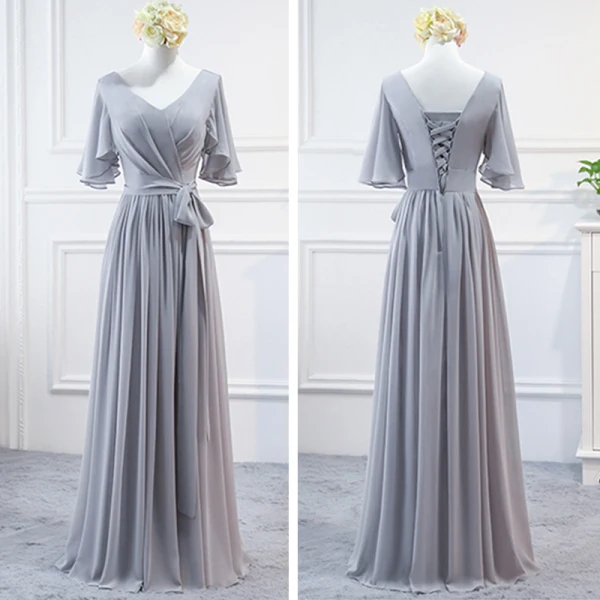 Modest / Simple Grey Chiffon Bridesmaid Dresses 2018 A-Line / Princess Sash Floor-Length / Long Ruffle Backless Wedding Party Dresses