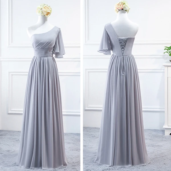 Modest / Simple Grey Chiffon Bridesmaid Dresses 2018 A-Line / Princess Sash Floor-Length / Long Ruffle Backless Wedding Party Dresses