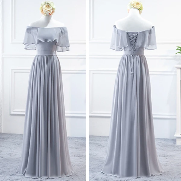 Modest / Simple Grey Chiffon Bridesmaid Dresses 2018 A-Line / Princess Sash Floor-Length / Long Ruffle Backless Wedding Party Dresses