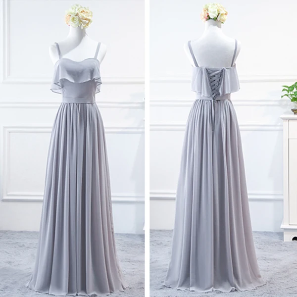 Modest / Simple Grey Chiffon Bridesmaid Dresses 2018 A-Line / Princess Sash Floor-Length / Long Ruffle Backless Wedding Party Dresses
