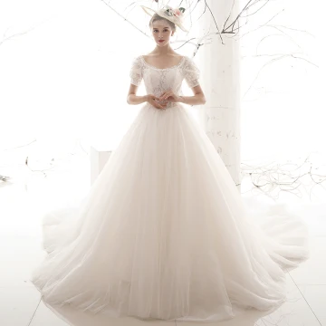 Style Victorien Vintage Originale Ivoire Dentelle Robe De Mariée 2019 Princesse Encolure Dégagée Gonflée Manches Courtes Dos Nu Chapel Train Volants