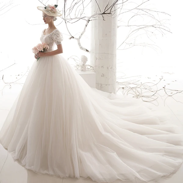 Victorian Style Vintage / Retro Ivory Lace Wedding Dresses 2019 A-Line / Princess Scoop Neck Puffy Short Sleeve Backless Chapel Train Ruffle