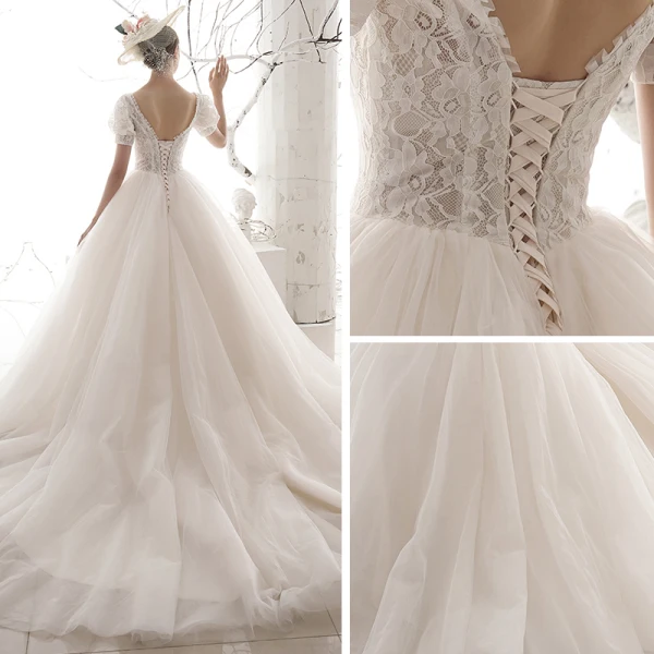 Victorian Style Vintage / Retro Ivory Lace Wedding Dresses 2019 A-Line / Princess Scoop Neck Puffy Short Sleeve Backless Chapel Train Ruffle