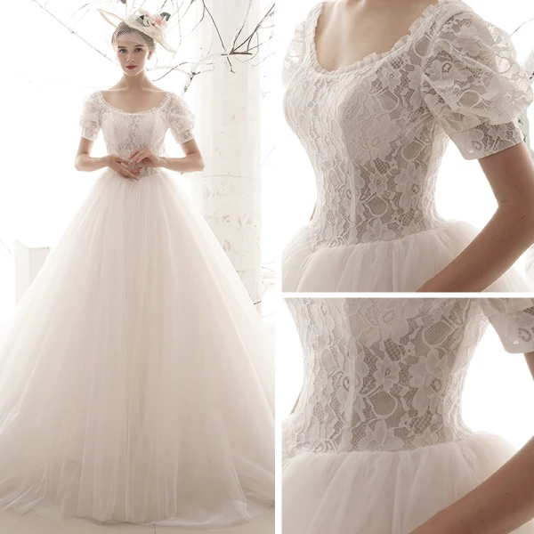 Victorian Style Vintage / Retro Ivory Lace Wedding Dresses 2019 A-Line / Princess Scoop Neck Puffy Short Sleeve Backless Chapel Train Ruffle