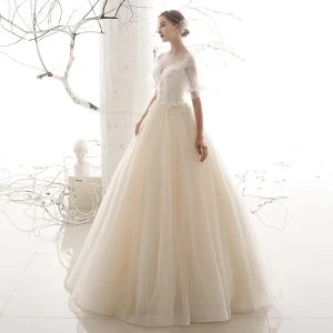 Victorian Style Affordable Outdoor Garden Champagne See Through Wedding Dresses 2019 A Line Princess Scoop Neck Puffy Short Sleeve Backless Spotted Tulle Floor Length Long Ruffle