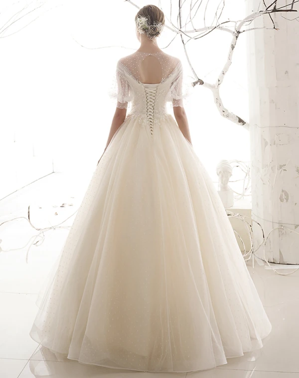 Style Victorien Abordable Jardin / Extérieur Champagne Transparentes Robe De Mariée 2019 Princesse Encolure Dégagée Gonflée Manches Courtes Dos Nu Tachetée Tulle Longue Volants