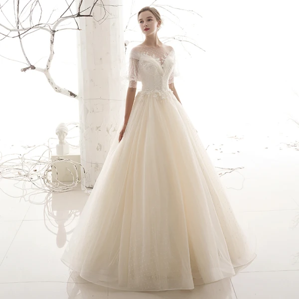 Style Victorien Abordable Jardin / Extérieur Champagne Transparentes Robe De Mariée 2019 Princesse Encolure Dégagée Gonflée Manches Courtes Dos Nu Tachetée Tulle Longue Volants