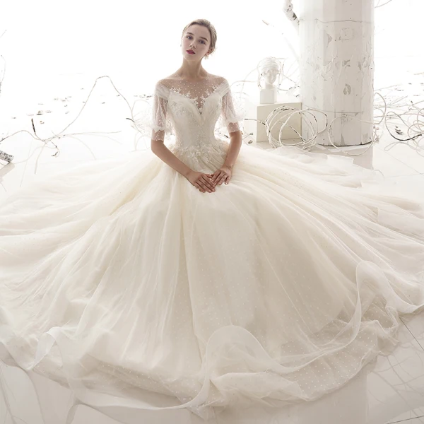 Style Victorien Abordable Jardin / Extérieur Champagne Transparentes Robe De Mariée 2019 Princesse Encolure Dégagée Gonflée Manches Courtes Dos Nu Tachetée Tulle Longue Volants
