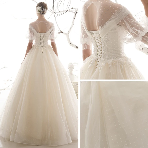 Style Victorien Abordable Jardin / Extérieur Champagne Transparentes Robe De Mariée 2019 Princesse Encolure Dégagée Gonflée Manches Courtes Dos Nu Tachetée Tulle Longue Volants