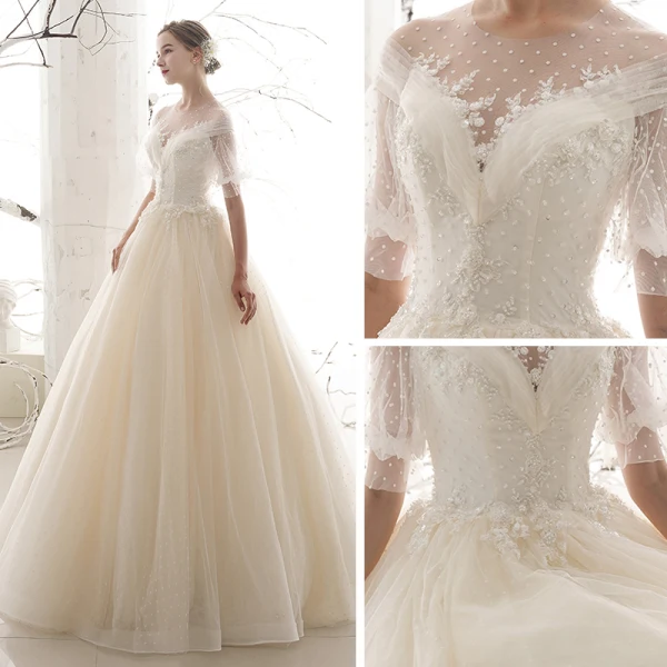 Style Victorien Abordable Jardin / Extérieur Champagne Transparentes Robe De Mariée 2019 Princesse Encolure Dégagée Gonflée Manches Courtes Dos Nu Tachetée Tulle Longue Volants