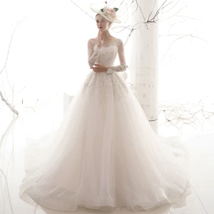 Chic Beautiful Ivory See Through Wedding Dresses 2019 A Line Princess Square Neckline Long Sleeve Backless Glitter Appliques Lace Chapel Train Ruffle