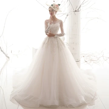 Chic Belle Ivoire Transparentes Robe De Mariée 2019 Princesse Encolure Carrée Manches Longues Dos Nu Glitter Appliques En Dentelle Chapel Train Volants