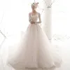 Chic / Beautiful Ivory See-through Wedding Dresses 2019 A-Line / Princess Square Neckline Long Sleeve Backless Glitter Appliques Lace Chapel Train Ruffle