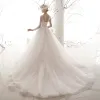 Chic / Beautiful Ivory See-through Wedding Dresses 2019 A-Line / Princess Square Neckline Long Sleeve Backless Glitter Appliques Lace Chapel Train Ruffle
