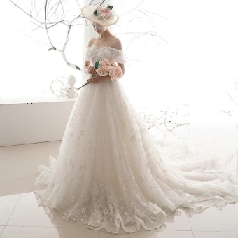 Chic Beautiful Ivory Wedding Dresses 2019 A Line Princess Off The Shoulder Puffy Short Sleeve Backless Appliques Lace Beading Chapel Train Ruffle Tulle