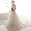 Chic / Beautiful Ivory Wedding Dresses 2019 A-Line / Princess Off-The-Shoulder Puffy Short Sleeve Backless Appliques Lace Beading Chapel Train Ruffle Tulle