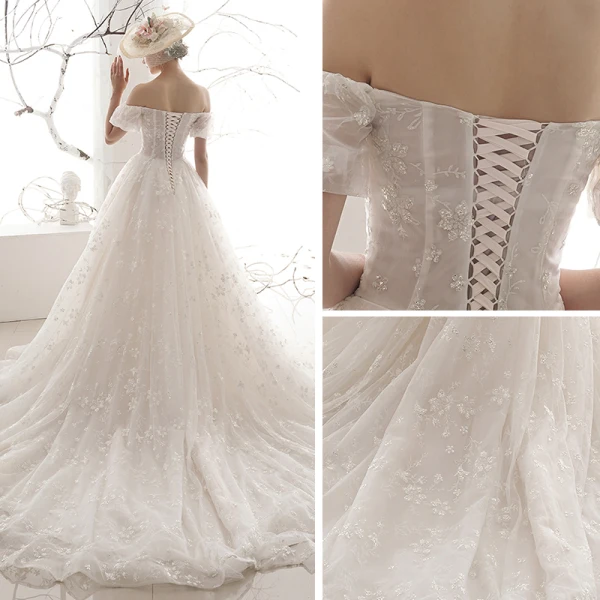 Chic / Belle Ivoire Robe De Mariée 2019 Princesse De l'épaule Gonflée Manches Courtes Dos Nu Appliques En Dentelle Perlage Chapel Train Volants Tulle