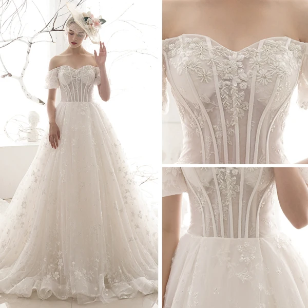 Chic / Belle Ivoire Robe De Mariée 2019 Princesse De l'épaule Gonflée Manches Courtes Dos Nu Appliques En Dentelle Perlage Chapel Train Volants Tulle