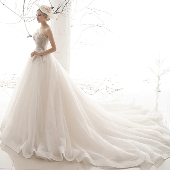 Rimelig Elfenben Brudekjoler 2019 Prinsesse Kjæreste Uten Ermer Ryggløse Glitter Tyll Beading Chapel Train Buste