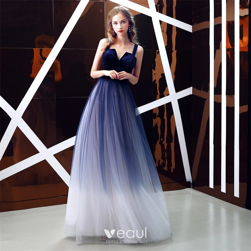 Elegant Bleu Roi Degrade De Couleur Daim Robe De Soiree 2019 Princesse epaules Sans Manches Ceinture Longue Volants Dos Nu Robe De Ceremonie