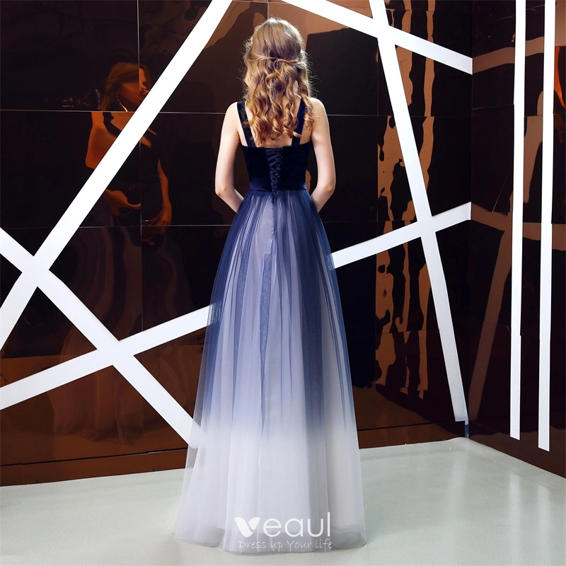 blue gradient dress Long Prom Dress with Removable Tulle Overskirt