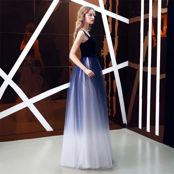 Elegant Royal Blue Gradient-Color Suede Evening Dresses  2019 A-Line / Princess Shoulders Sleeveless Sash Floor-Length / Long Ruffle Backless Formal Dresses