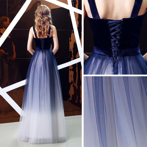 Elegant Royal Blue Gradient-Color Suede Evening Dresses  2019 A-Line / Princess Shoulders Sleeveless Sash Floor-Length / Long Ruffle Backless Formal Dresses